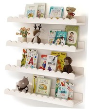 Nursery Book Shelves, 4-Pack White Floating Shelves for Wall Kids, Scalloped