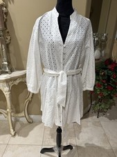 Zara Women's Mini White Long Sleeve Eyelets Bottom Front Dress With Belt Large