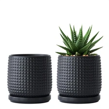 Set of 2 Ceramic Plant Pots, 4 Inch, Beaded Stoneware, Ebony Matte, Drainage