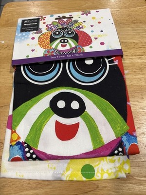 Kaleidoscope Puppy Dog Tea Towel 100% Cotton Colorful & Fun By Donna Sharam