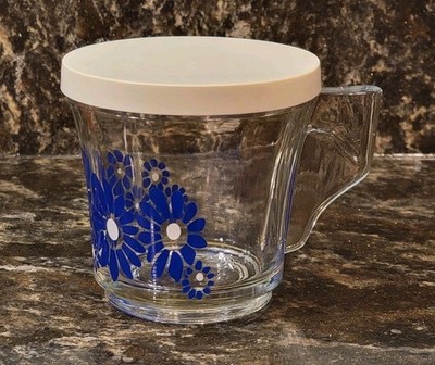 Vintage 1970s Nutella Ferrero Blue Daisies 6 oz Glass Cup - Mug w/ Original Lid