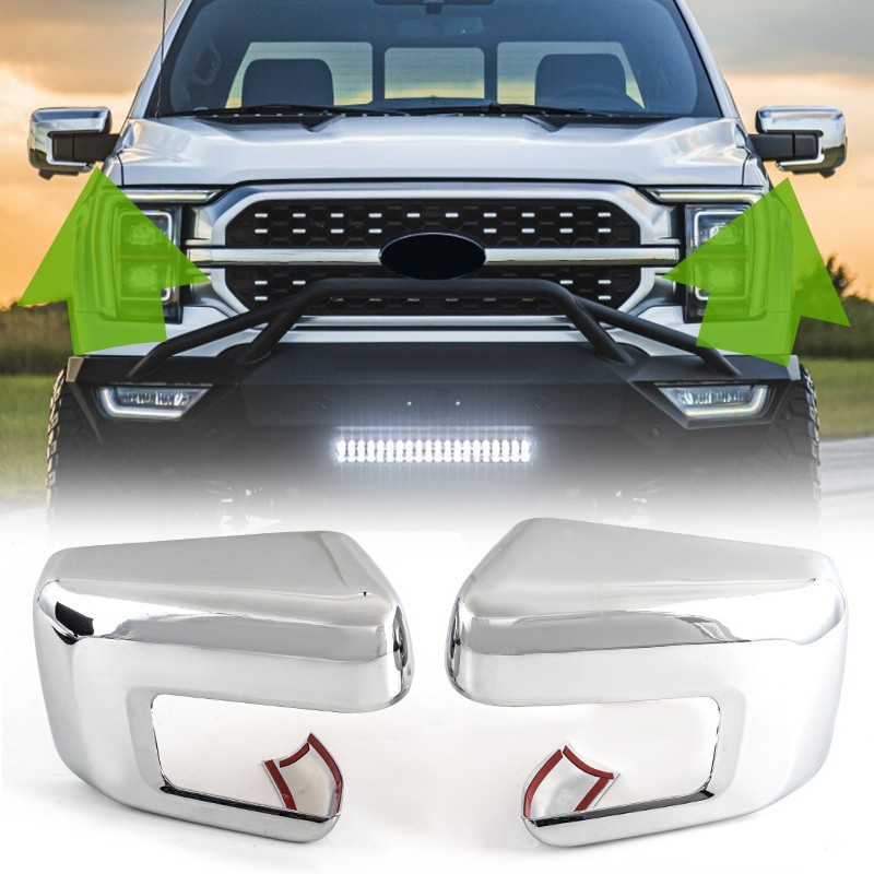 2X Side Mirror Covers Overlay With Turn Signal For 2021+ Ford F150 F-150 Chrome