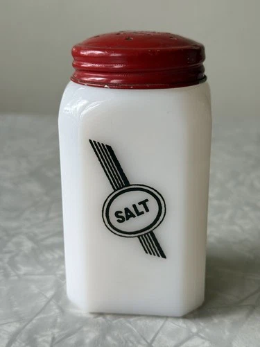 Vintage Deco Hazel Atlas Glass Red Cap Diagonal Lines Salt Shaker 1930s