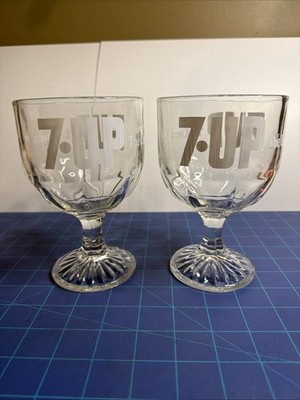 2- Promotional 7 Up The Uncola Clear Glass White Lettering Stem Goblet Heavy.NOS