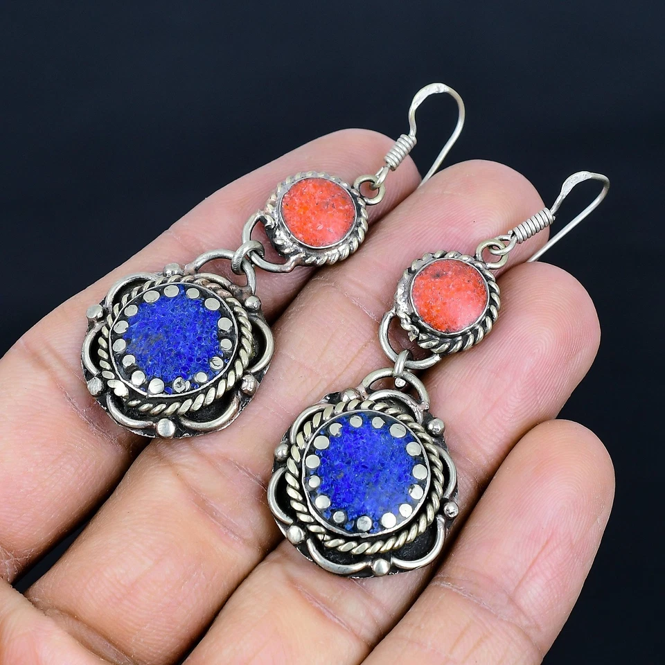 Lapis Lazuli Red Coral Ethnic 925 Sterling Silver Tibetan Nepali Earring 2.3" v9 - Image 3 of 4