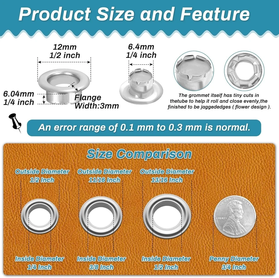 Kit de herramientas de ojal 803 piezas 6 mm 1/4 pulgadas tamaño orificio interior ojal kit con 400 piezas E... Foto 3 de 4