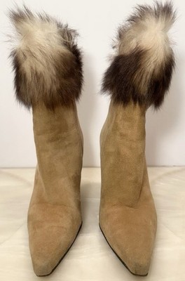 Stuart Weitzman Suede Ankle Boots Faux Fur Cuff Pointed Toe Heels