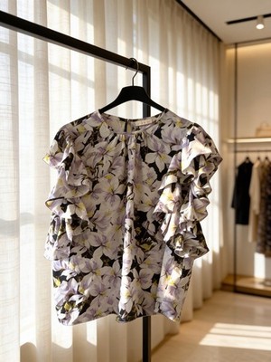 Happy Nature Floral Ruffle Sleeve Button Blouse Short Sleeve Polyester XL