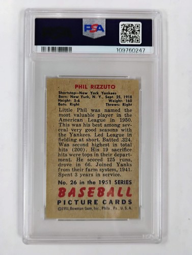 1951 Bowman Phil Rizzuto #26 VG-EX PSA 4 - Picture 4 of 4