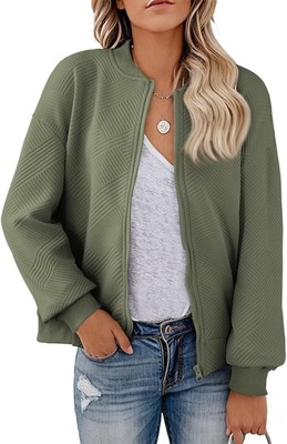 EVALESS Womens Bomber Jacket Coat Casual Stand Collar Zip Up Lightweight Fall Fa