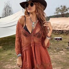 M New Lace Crochet Boho Folk Tunic Blouse Top Dress Cover-Up Womens MEDIUM OS