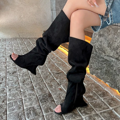 Women's Faux Suede Peep Toe Wedge Stretched Chic Slouchy Boots Sandal Shoes - Imagen 7 de 17