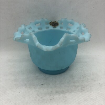 Signed Vintage Fenton 8222 BS Blue Satin Open Lace Basket Weave