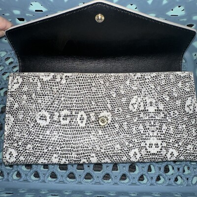 Tory Burch Embossed Croc Lizard Snake Long Wallet Black White Gray Gold RARE TB