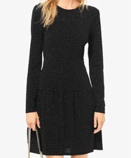 NWT $140 Michael Kors Sparkling Long-Sleeve Drop-Waist Dress Black Gold XS L