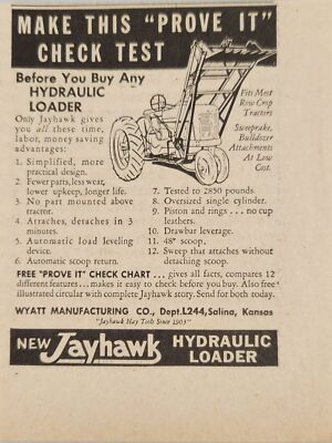 #ad 1947 Print Ad Jayhawk Hydraulic Loaders for Tractors Wyatt Mfg SalinaKansas $9.88