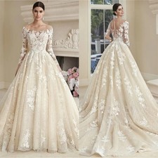 Elegant Simple Appliqued Wedding Dress Tulle Long Sleeve Lace Decal Bridal Gown