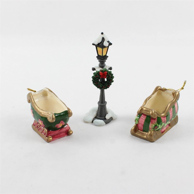 Lot of 3 Ceramic Christmas Ornaments Sleighs Street Lamp Holiday Decor