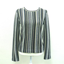 MISSONI Vintage Zigzag Knit Crewneck Sweater Navy Blue Brown Pullover Size M 90s