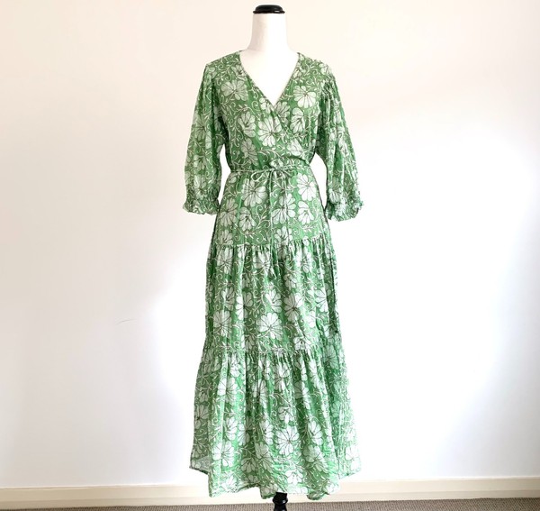 TALISMAN Tara green block print floral tiered wrap midi maxi dress sz XS