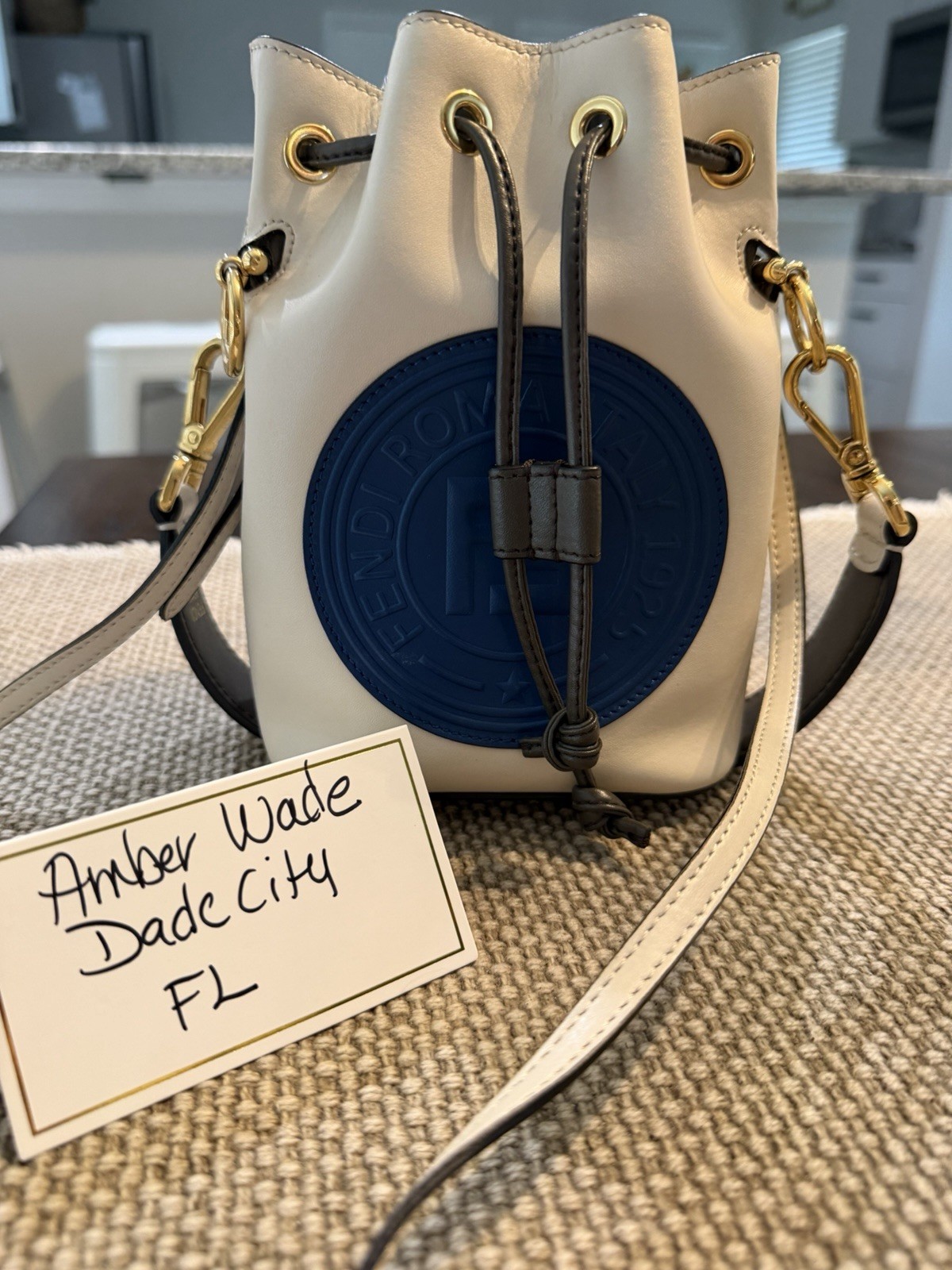 Fendi White Blue Logo Bucket Bag Gold Hardware Adjustable Strap Designer