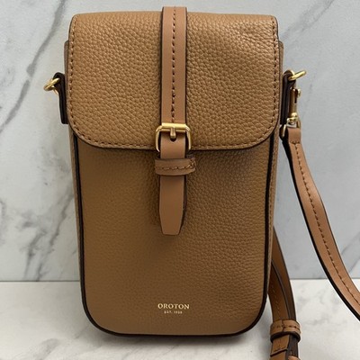 OROTON Dylan Pebbled Leather Phone Crossbody Bag Tan 