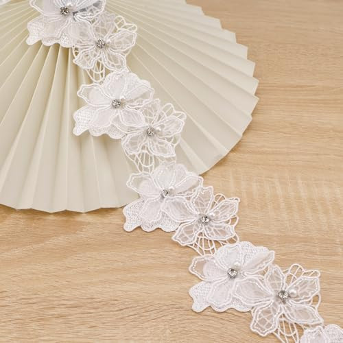 Organza Flower Trim 2 Yards 3D Pearl Beads Flower Lace Trim Embroidered - Picture 3 of 5