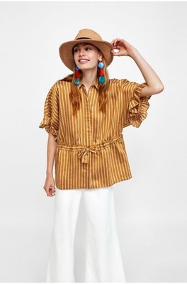 Zara Woman Gold Stripe Loose Fit Ruffle Sleeve Blouse Top Women Size Medium
