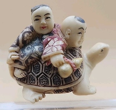 Vintage Chinese Netsuke Figurine- Girl/Boy On Turtle- Handmade And Painted Resin
