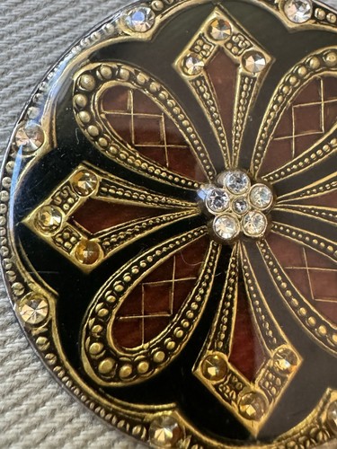 Vintage Antique French Round Metal Enamel Rhinestone 1.625” Brooch Pin - Picture 2 of 15