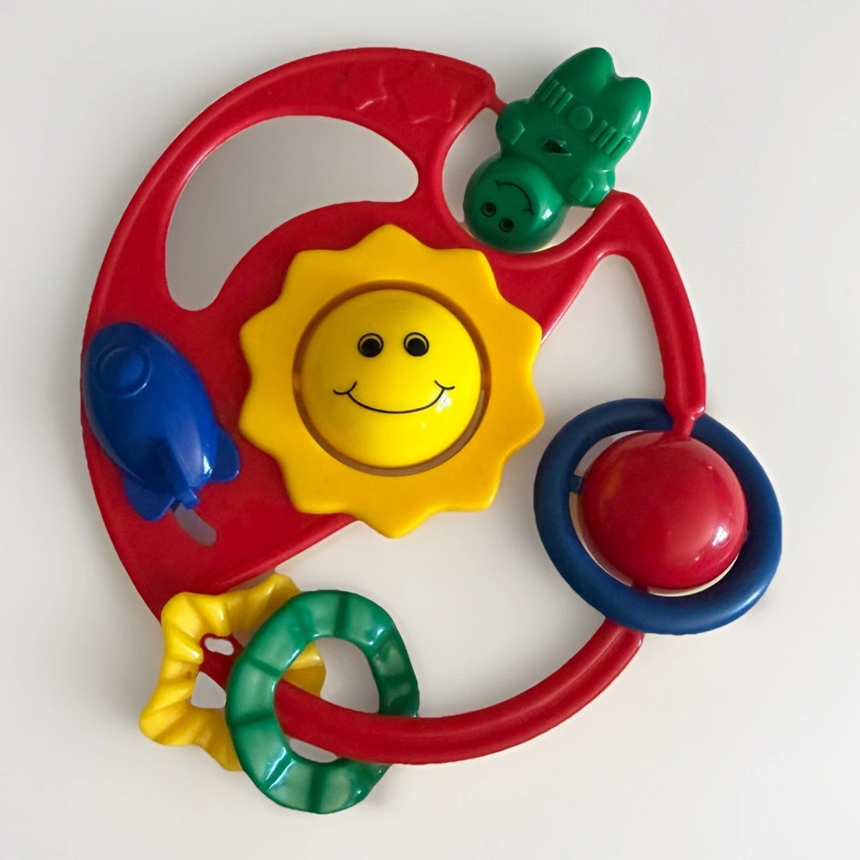 Vintage Discovery Toys Spin Rattle N Roll Sun Face Rocket Baby Toy Rare