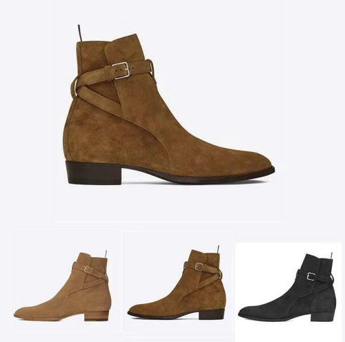 British Men Casual Pointy Toe Buckle Real Leather Suede Ankle Chelsea Boot Shoes - Picture 11 of 17