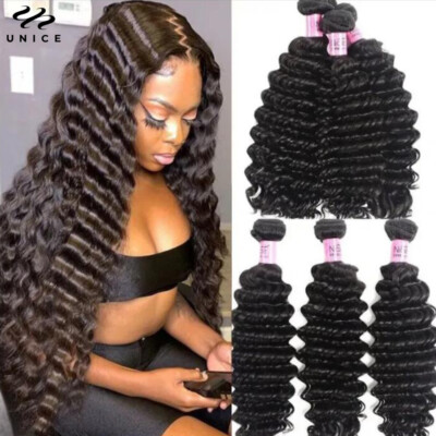 UNice Peruvian Deep Curly Wave Human Hair Extensions 3 Bundles Virgin Hair Weave