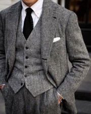 Men Gray Tweed Suit 3 Piece Suit Slim fit Herringbone Winter Suit