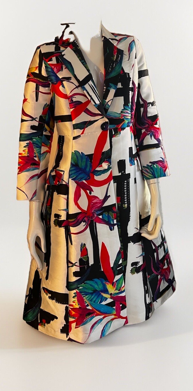 Handmade CUSTOM silk Taffeta tropical floral print trench coat UK2 VINTAGE