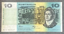 1989 AUSTRALIA $10 DOLLARS BANKNOTE FRASER/HIGGINS CIRCULATED # MFG 883637