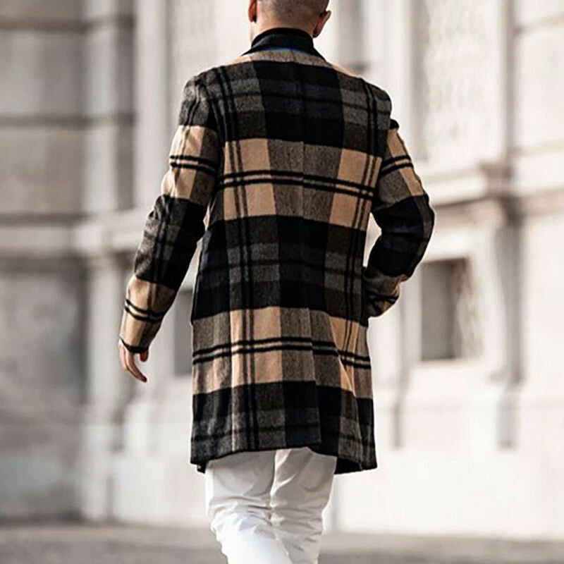 New Model Slim Autumn Mens Leisure Plaid Coat Long Jacket Lapel Business  Outwear