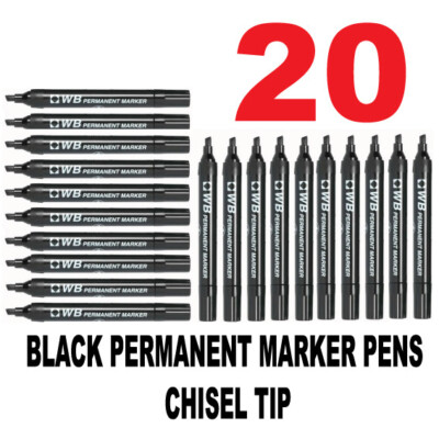 20 SCHWARZE MEISSELSPITZE PERMANENT breite Feder MARKERSTIFTE wasserdicht WB MARKE PREMIUM