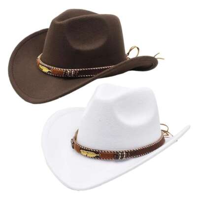 Men Women Fedora Western Cowboy Hat Casual Leather Belt Cowgirl Cap Wide  Brim US