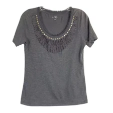 Loft Embellished Grey Tee Women’s Size S Small 100% Cotton Rough Hem on Neck Top