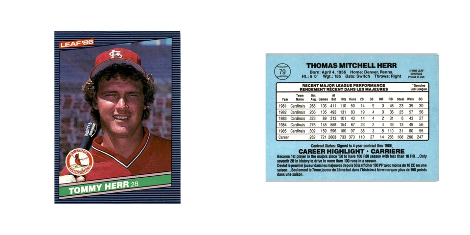 Tommy Herr 1986 Leaf #79 St. Louis Cardinals Baseball Card NM - Image 3 of 3