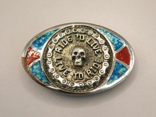 1980 Ride to Live, Live to Ride Silver Red Blue Skull Bike Chain Belt Buckle