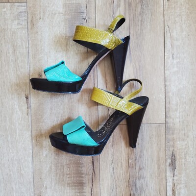 TIBI Yellow Green Patent Leather Size Narrow Open Toe Heeled Sandal  Pump