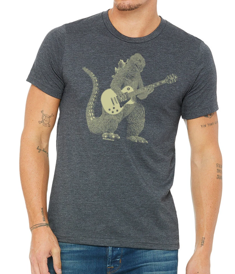 Camisa para tocar la guitarra Godzilla, camiseta Kaiju para hombre, camiseta genial de dinosaurio, lagarto Foto 2 de 4