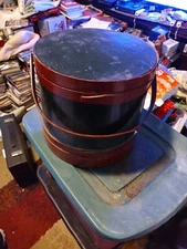 Vintage Primitive Round Wood Firkin Sugar Bucket with Lid & Handle 12 x 12 x12