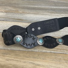 Chico's S/M Moroccan Black Leather Woven Belt Hammered Brass Silver Tone Buckle