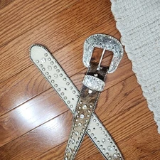 Nocona Belt Co Vintage Rhinestone Genuine Leather Western Belt Silver Calf Hair