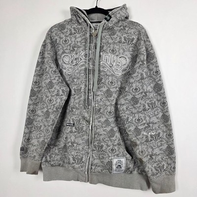 Ecko Unltd Y2K Skull Dollar Signs Money Distressed Mens Medium Full Zip Hoodie