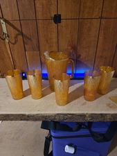 Jeanette Marigold Tree Bark Carnival Glass Pitcher ×5 Glasses...