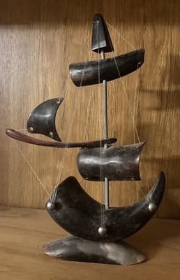 Vintage Hand Carved Nautical Sailing Ship Boat Made of Bull Horn 3 Mast - AS IS
